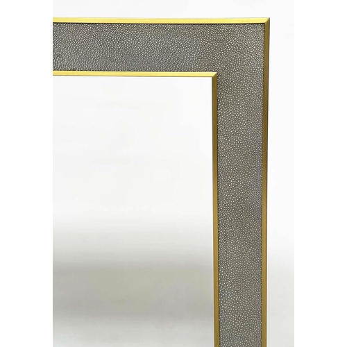 473 - FAUX SHAGREEN CONSOLE TABLE, grey faux shagreen and gilt metal bound with undertier, 170cm W x 40cm ... 