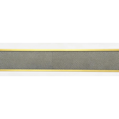 473 - FAUX SHAGREEN CONSOLE TABLE, grey faux shagreen and gilt metal bound with undertier, 170cm W x 40cm ... 