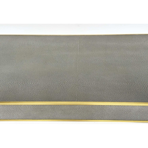 473 - FAUX SHAGREEN CONSOLE TABLE, grey faux shagreen and gilt metal bound with undertier, 170cm W x 40cm ... 