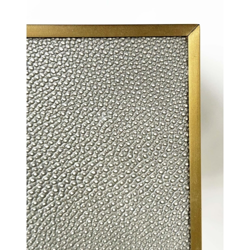 473 - FAUX SHAGREEN CONSOLE TABLE, grey faux shagreen and gilt metal bound with undertier, 170cm W x 40cm ... 