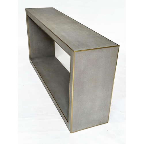 473 - FAUX SHAGREEN CONSOLE TABLE, grey faux shagreen and gilt metal bound with undertier, 170cm W x 40cm ... 