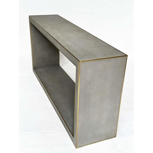 473 - FAUX SHAGREEN CONSOLE TABLE, grey faux shagreen and gilt metal bound with undertier, 170cm W x 40cm ... 