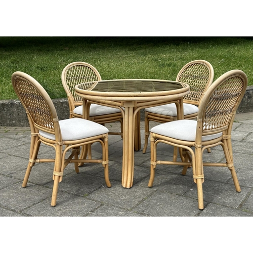 474 - ORANGERY STYLE TABLE, circular rattan and cane bound with glazed top together with four matching sid... 