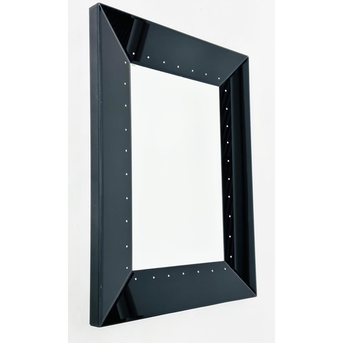 475 - WALL MIRROR, bevelled plate, with angled black glass frame with glass 'diamond' mounts, 78cm W x 103... 