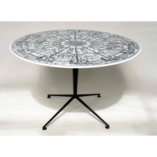 461 - CENTRE TABLE, 1950s Fornasetti style, laminate top, four-star metal out swept support with pad feet,... 