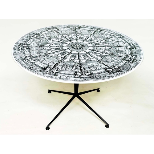 461 - CENTRE TABLE, 1950s Fornasetti style, laminate top, four-star metal out swept support with pad feet,... 