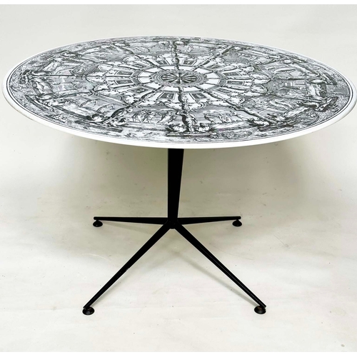 461 - CENTRE TABLE, 1950s Fornasetti style, laminate top, four-star metal out swept support with pad feet,... 