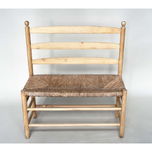 462 - HALL SEAT, mid 20th century beech framed with bar back and rush seat, 90cm x 100cm H x 40cm.