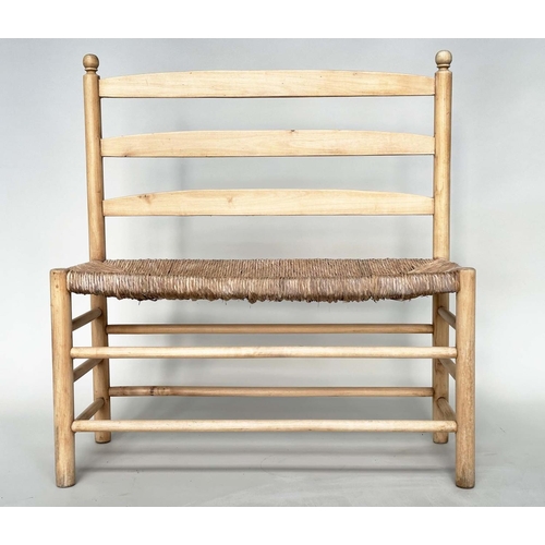 462 - HALL SEAT, mid 20th century beech framed with bar back and rush seat, 90cm x 100cm H x 40cm.