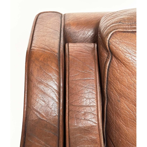 465 - AFTER BORGE MORGENSEN 2213 STYLE SOFA, three seater mid tan brown leather and teak supports, 200cm W... 