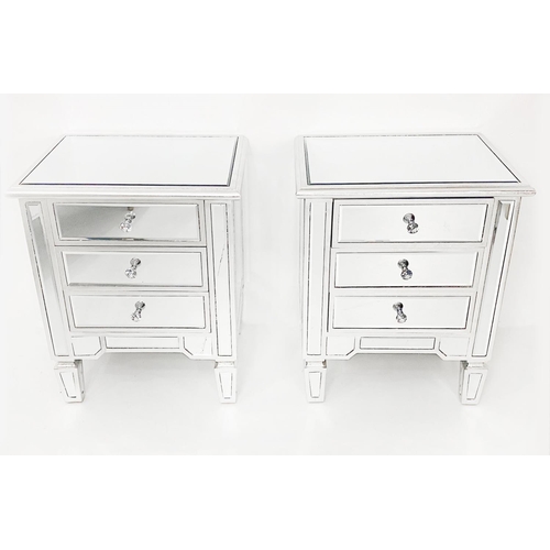 304 - MIRRORED BEDSIDE CHESTS, a pair, Venetian style with three drawers, 60cm H x 50cm x 40cm. (2)