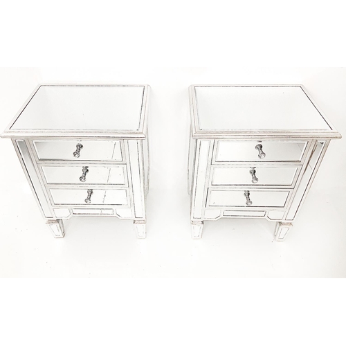 304 - MIRRORED BEDSIDE CHESTS, a pair, Venetian style with three drawers, 60cm H x 50cm x 40cm. (2)