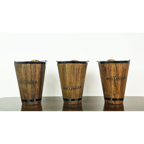 350 - BUCKETS, a set of three, wood and metal, 42cm H x 30cm. (3)