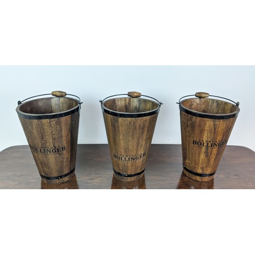 350 - BUCKETS, a set of three, wood and metal, 42cm H x 30cm. (3)