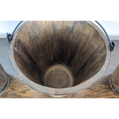 350 - BUCKETS, a set of three, wood and metal, 42cm H x 30cm. (3)