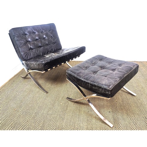 279 - BARCELONA CHAIR AND OTTOMAN AFTER MIES VAN DER ROHE, steel and black leather, chair 80cm H x 80cm, o... 