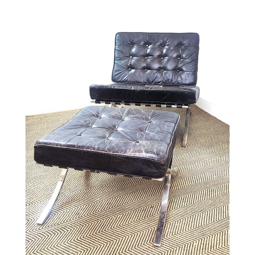 279 - BARCELONA CHAIR AND OTTOMAN AFTER MIES VAN DER ROHE, steel and black leather, chair 80cm H x 80cm, o... 