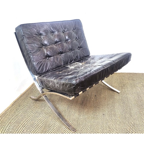 279 - BARCELONA CHAIR AND OTTOMAN AFTER MIES VAN DER ROHE, steel and black leather, chair 80cm H x 80cm, o... 