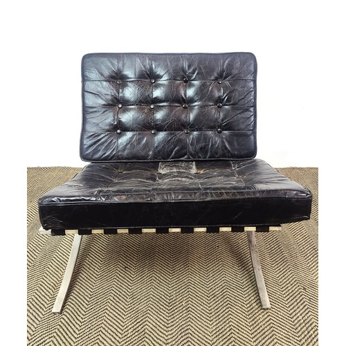 279 - BARCELONA CHAIR AND OTTOMAN AFTER MIES VAN DER ROHE, steel and black leather, chair 80cm H x 80cm, o... 