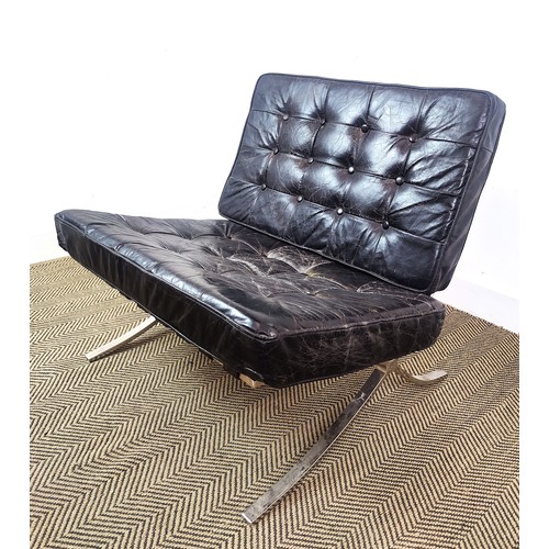 279 - BARCELONA CHAIR AND OTTOMAN AFTER MIES VAN DER ROHE, steel and black leather, chair 80cm H x 80cm, o... 