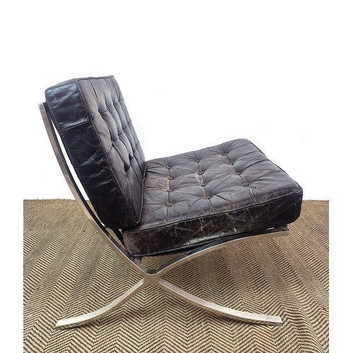 279 - BARCELONA CHAIR AND OTTOMAN AFTER MIES VAN DER ROHE, steel and black leather, chair 80cm H x 80cm, o... 