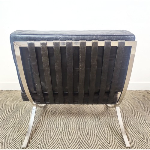 279 - BARCELONA CHAIR AND OTTOMAN AFTER MIES VAN DER ROHE, steel and black leather, chair 80cm H x 80cm, o... 