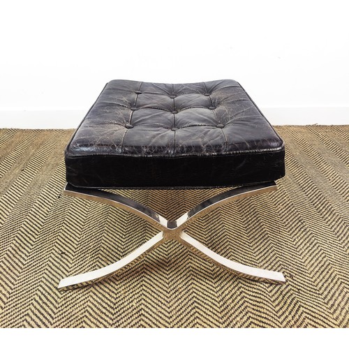 279 - BARCELONA CHAIR AND OTTOMAN AFTER MIES VAN DER ROHE, steel and black leather, chair 80cm H x 80cm, o... 