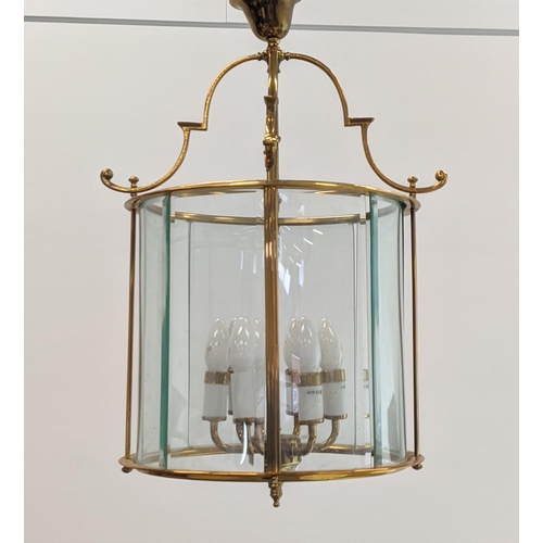 100 - HALL LANTERN, brass twin curved glass, bevelled panels, 62cm H.