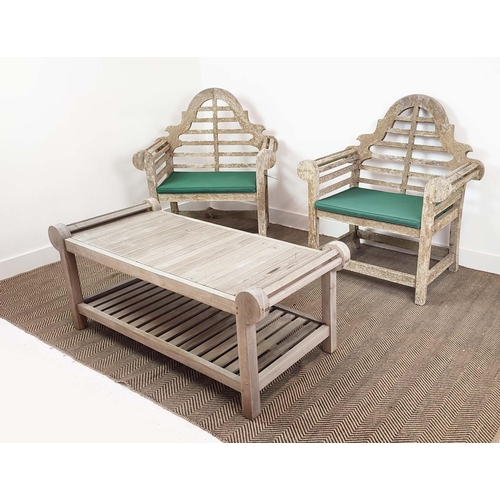 102 - GARDEN CHAIRS, a pair, Lutyens style, in weathered teak, each 90cm x 106cm H with green cushions alo... 