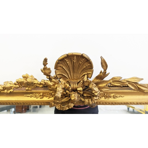 105 - OVERMANTLE, Victorian giltwood and gesso with eared corners and ribbon crest, 121cm H x 145cm.