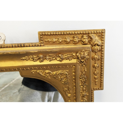 105 - OVERMANTLE, Victorian giltwood and gesso with eared corners and ribbon crest, 121cm H x 145cm.