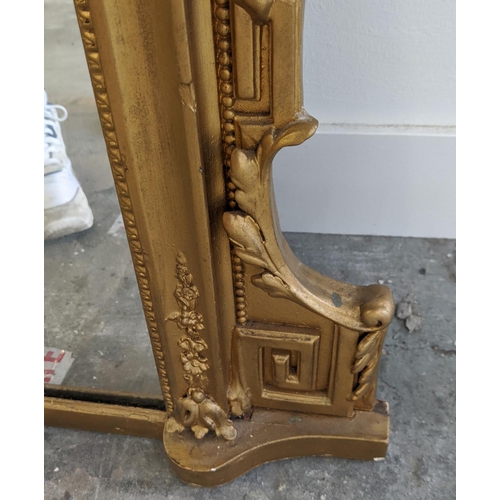 105 - OVERMANTLE, Victorian giltwood and gesso with eared corners and ribbon crest, 121cm H x 145cm.