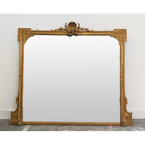 105 - OVERMANTLE, Victorian giltwood and gesso with eared corners and ribbon crest, 121cm H x 145cm.