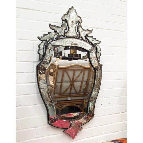 109 - WALL MIRROR, Venetian shield shape, 100cm x 53cm.