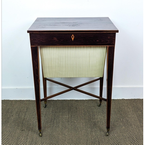 110 - WORK TABLE, late George III with boxwood stringing, circa 1800, with a rising lid and a pleated silk... 