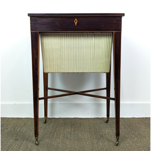 110 - WORK TABLE, late George III with boxwood stringing, circa 1800, with a rising lid and a pleated silk... 