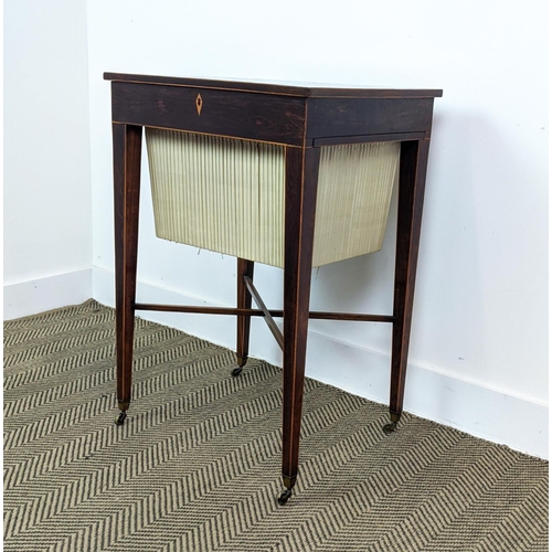 110 - WORK TABLE, late George III with boxwood stringing, circa 1800, with a rising lid and a pleated silk... 