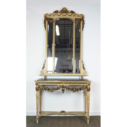 111 - CONSOLE TABLE AND MIRROR, Louis XVI style cream painted and giltwood with triple bevelled plates and... 