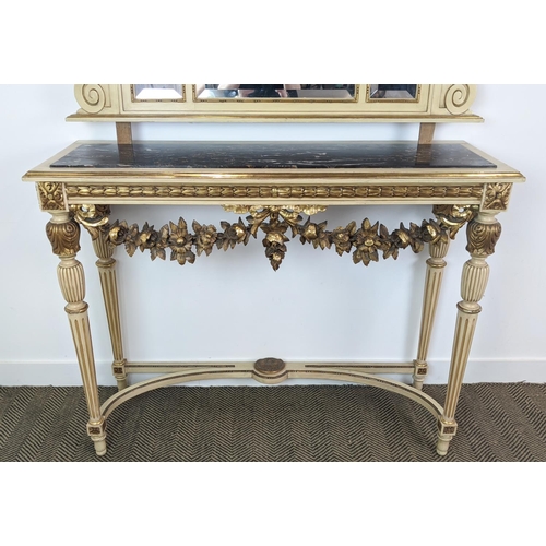 111 - CONSOLE TABLE AND MIRROR, Louis XVI style cream painted and giltwood with triple bevelled plates and... 