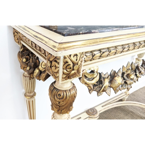 111 - CONSOLE TABLE AND MIRROR, Louis XVI style cream painted and giltwood with triple bevelled plates and... 