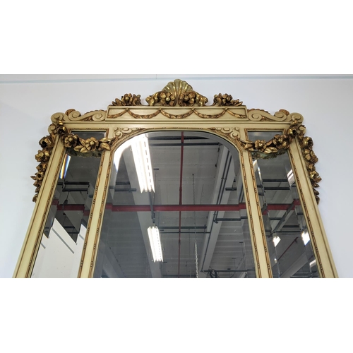 111 - CONSOLE TABLE AND MIRROR, Louis XVI style cream painted and giltwood with triple bevelled plates and... 