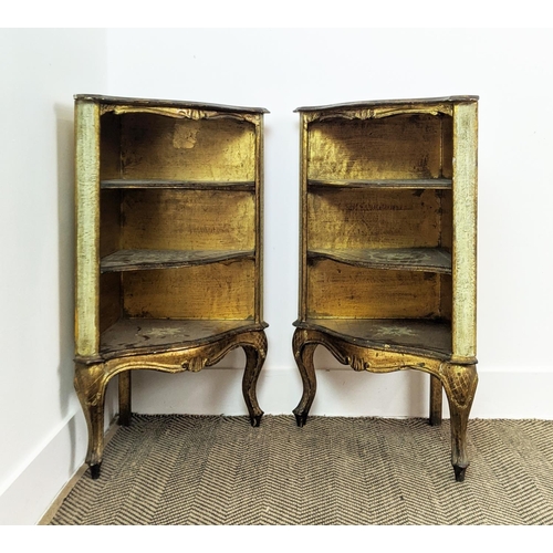 112 - CORNER ETAGERES, a pair, Italianate giltwood and decorated, 79cm H x 52cm x 33cm. (2)