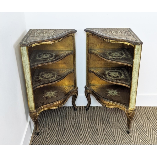 112 - CORNER ETAGERES, a pair, Italianate giltwood and decorated, 79cm H x 52cm x 33cm. (2)