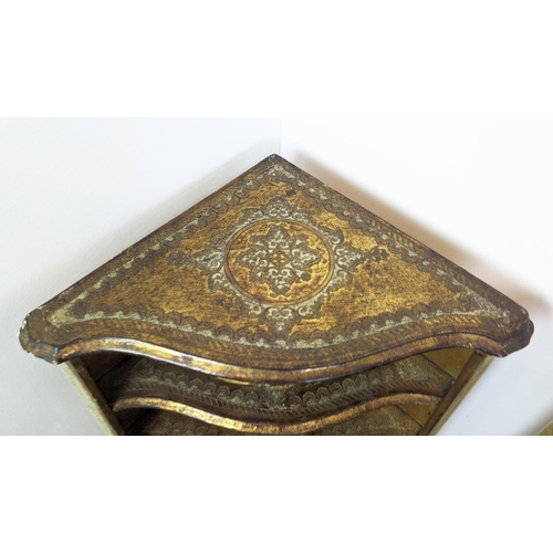 112 - CORNER ETAGERES, a pair, Italianate giltwood and decorated, 79cm H x 52cm x 33cm. (2)