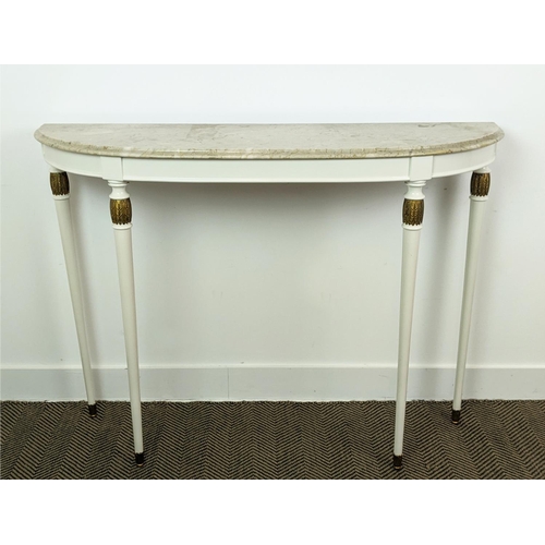 113 - CONSOLE TABLE, 20th century white painted and gilt heightened with D shaped marble top, 92cm H x 125... 