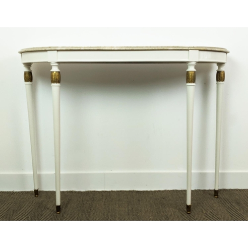 113 - CONSOLE TABLE, 20th century white painted and gilt heightened with D shaped marble top, 92cm H x 125... 