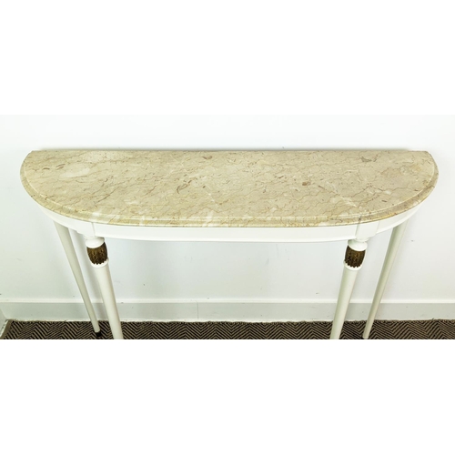 113 - CONSOLE TABLE, 20th century white painted and gilt heightened with D shaped marble top, 92cm H x 125... 