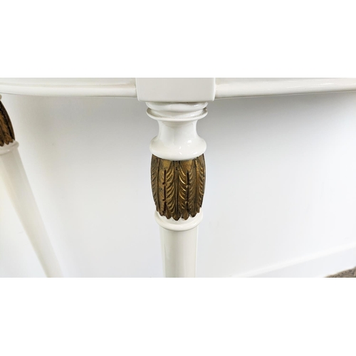 113 - CONSOLE TABLE, 20th century white painted and gilt heightened with D shaped marble top, 92cm H x 125... 