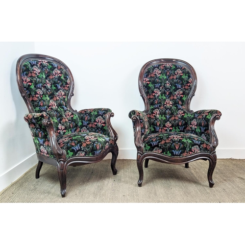 114 - ARMCHAIRS, a pair, Victorian style with spoon backs in black patterned velvet, 112cm H x 79cm. (2)