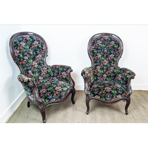 114 - ARMCHAIRS, a pair, Victorian style with spoon backs in black patterned velvet, 112cm H x 79cm. (2)